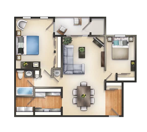 A floor plan of a house with a kitchen, living room, dining room, and bedrooms.