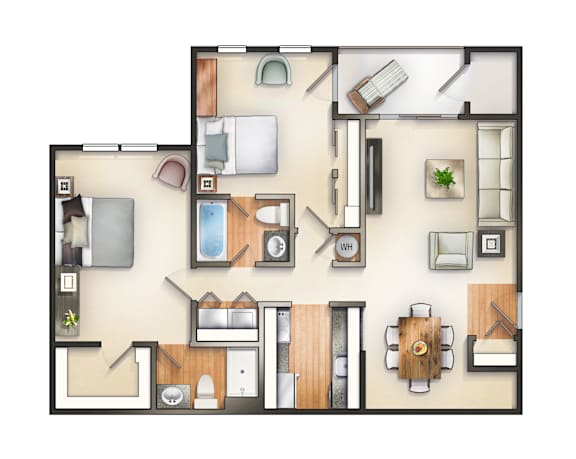 A floor plan of a house with a kitchen, living room, and bathrooms.