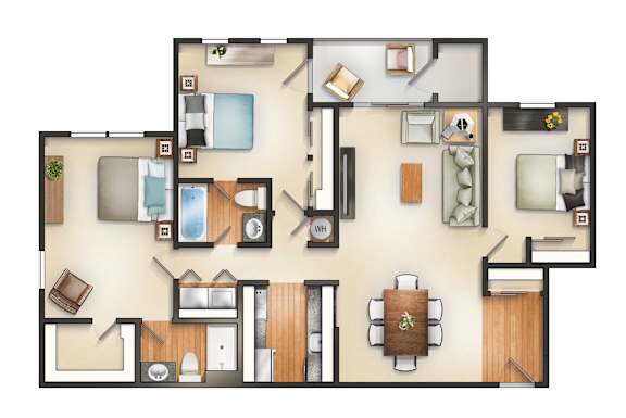A floor plan of a house with a kitchen, living room, and two bedrooms.