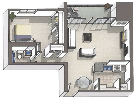 A drawing of a house layout with a kitchen, living room, and two bedrooms.