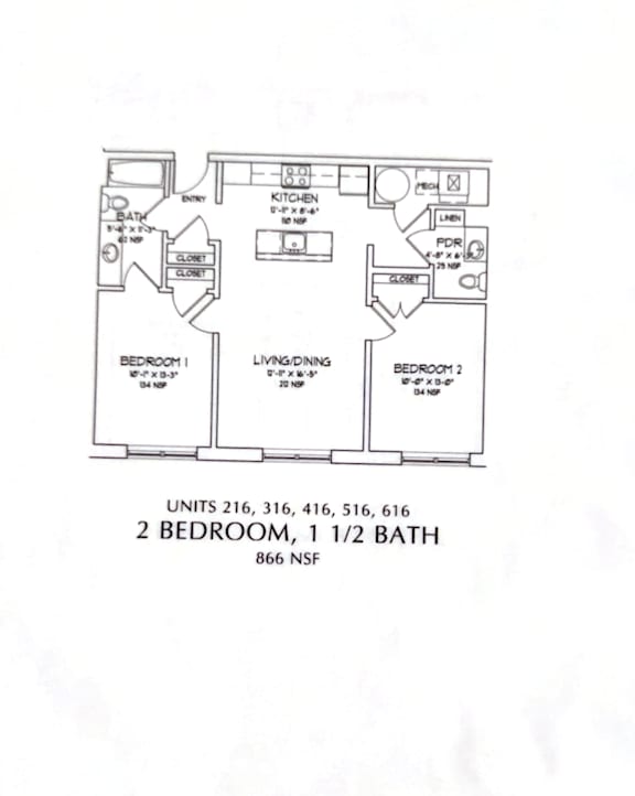 A floor plan of a two bedroom, one bathroom apartment.