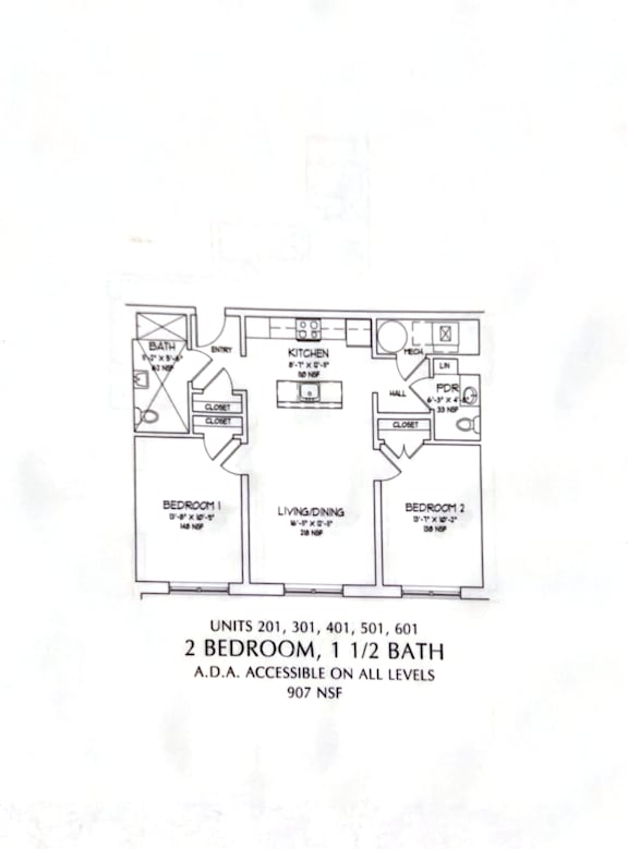 A floor plan of a 2 bedroom apartment with 1 1/2 baths.