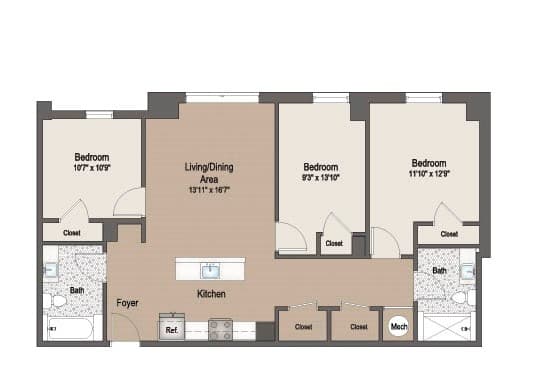 A floor plan of a house with a living/dining area, kitchen, and four bedrooms.