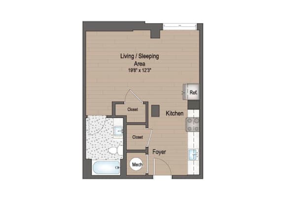 A floor plan of a living/sleeping area with a kitchen, foyer, and bathroom.