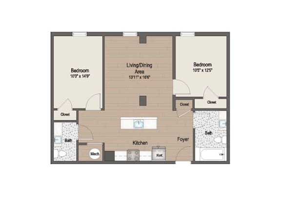 A floor plan of a house with three bedrooms and a living/dining area.