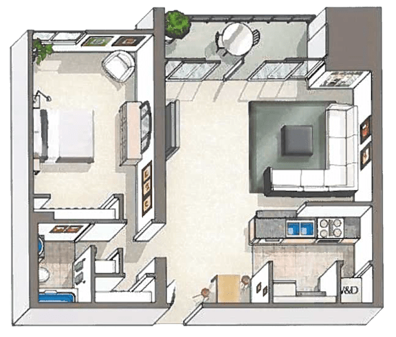 A drawing of a kitchen with a sink, stove, and refrigerator.