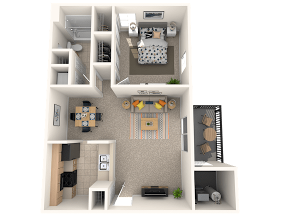 A 3D floor plan of a small apartment with a kitchen, living room, and bedroom.