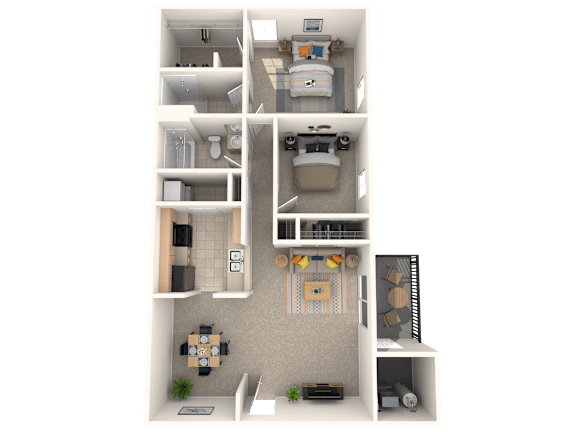 A 3D floor plan of a small apartment with a kitchen, living room, and bathroom.