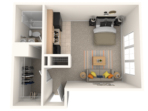 A 3D rendered image of a small apartment layout.