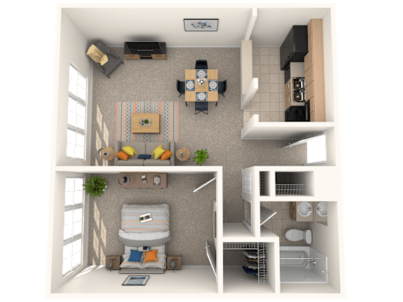 A 3D rendered image of a small apartment layout.