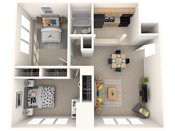 A 3D floor plan of a small apartment with two bedrooms, a living room, and a kitchen.