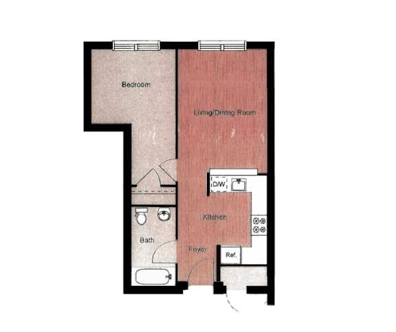 A floor plan of a room with a bedroom, living/dining room, kitchen, bath, and foyer.