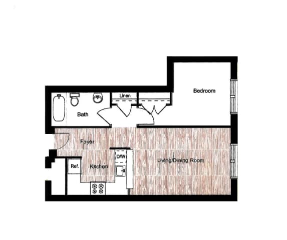 Floor Plan  A floor plan of a house with a bedroom, living room, dining room, kitchen, bathroom, and laundry room.