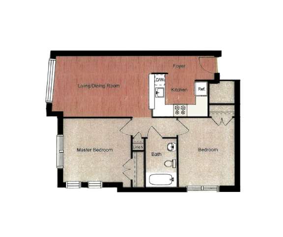 A floor plan of a house with a living/dining room, kitchen, two bedrooms, a master bedroom, and a laundry area.