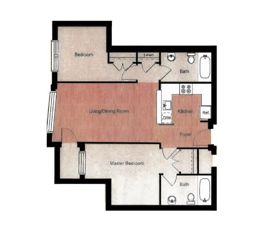 A floor plan of a house with a master bedroom and a living area.