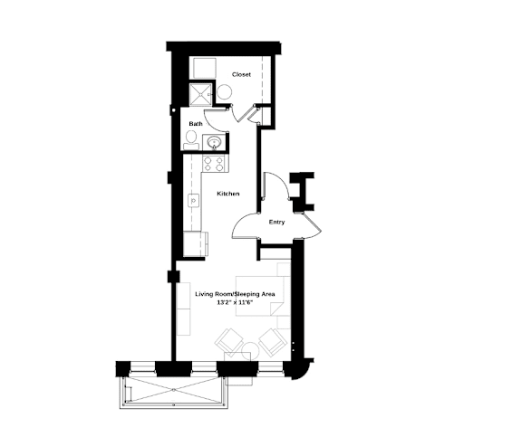 A floor plan of a small apartment with a living room, kitchen, bath, closet, and entry.