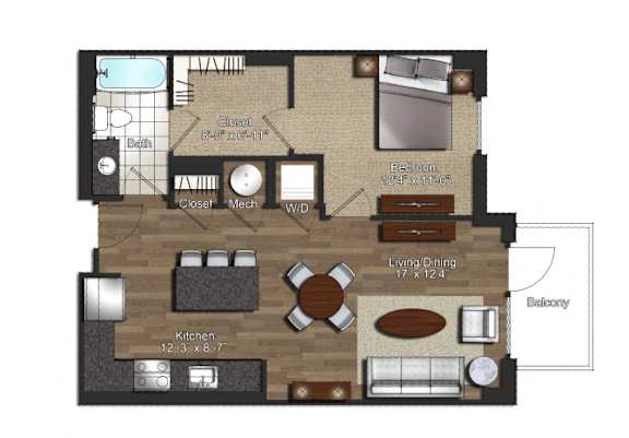 A floor plan of a house with a living room, dining room, kitchen, and two bedrooms.