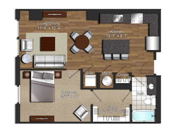 Floor Plan  A floor plan of a house with a living room, kitchen, two bedrooms, and a bathroom.