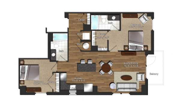 Floor Plan  A floor plan of a house with a living room, dining room, kitchen, and two bathrooms.