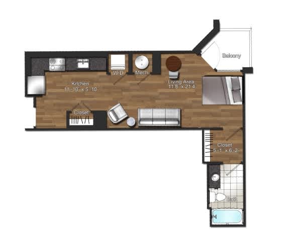 Floor Plan  A floor plan of a house with a kitchen, living area, and bathroom.