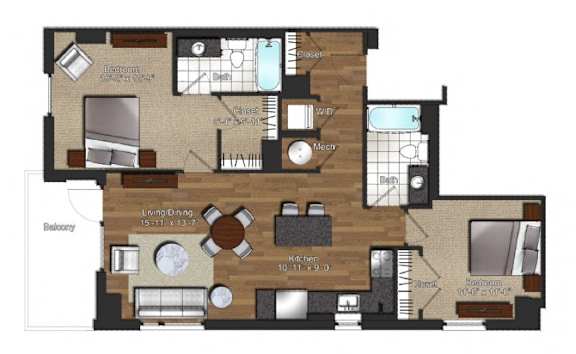 A floor plan of a house with a living room, dining room, kitchen, and two bedrooms.