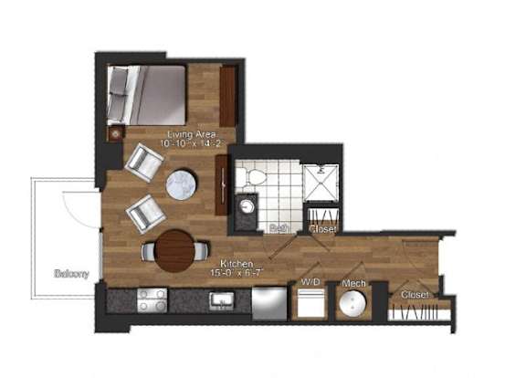 Floor Plan  A floor plan of a house with a living area, kitchen, and bathroom.