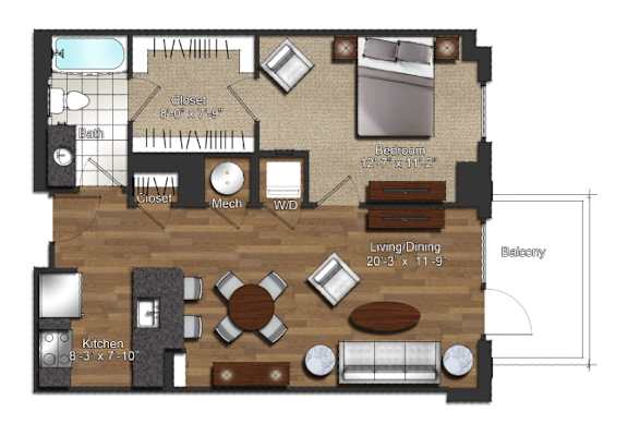 Floor Plan  A floor plan of a house with a kitchen, living room, and bathroom.
