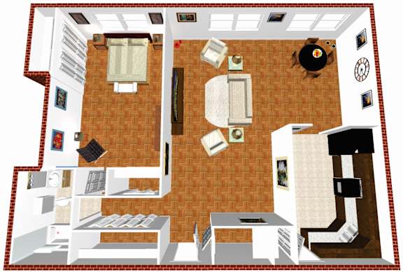 A top-down view of a house layout with a kitchen, living room, and bedrooms.