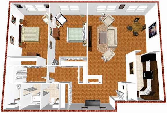 A 3D floor plan of a house with a kitchen, living room, and bathroom.