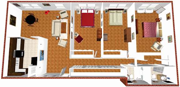 A floor plan of a house with a kitchen, living room, and two bedrooms.