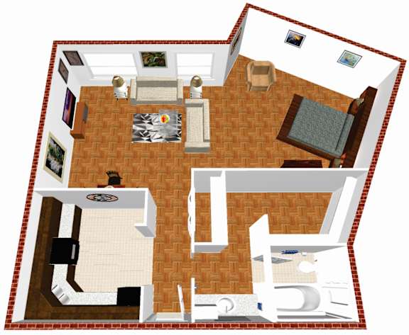 A 3D rendered image of a house layout.
