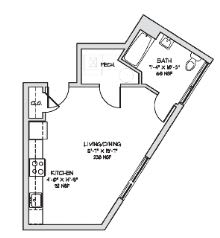 Floor Plan  A floor plan of a home with a living room, kitchen, and bath.