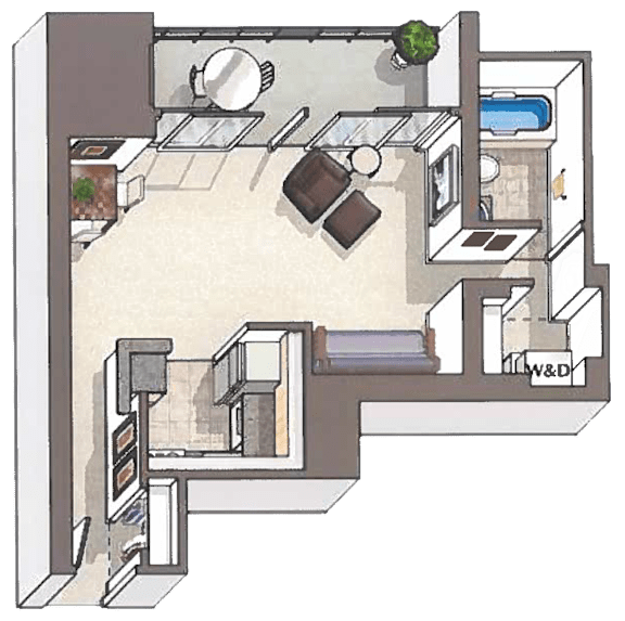 A floor plan of a house with a kitchen, living room, and bathroom.