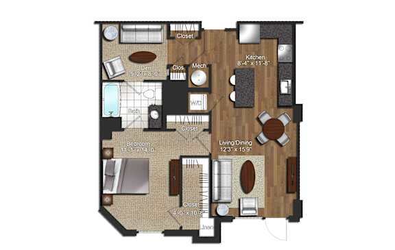 Floor Plan  A floor plan of a house with a living room, kitchen, and two bedrooms.