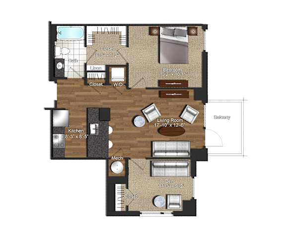 A floor plan of a house with a living room, kitchen, and two bedrooms.