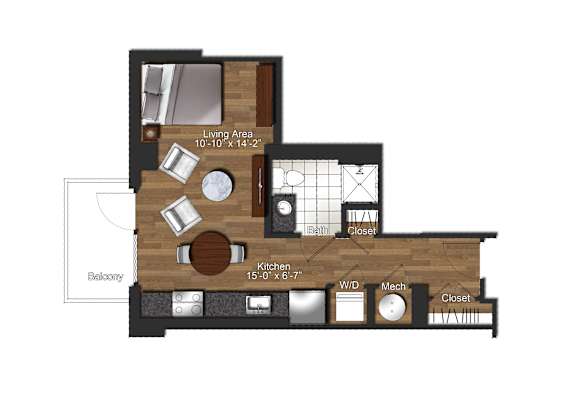 A floor plan of a house with a living area, kitchen, and bathroom.