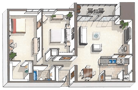 A floor plan of a house with a kitchen, living room, and two bedrooms.