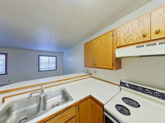 A kitchen with a stove, sink, and cabinets.