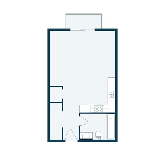 A floor plan of a room with a kitchen area and a bathroom.