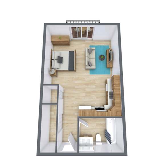 Floor Plan  A top-down view of a small apartment with a bed, a couch, a desk, and a chair.