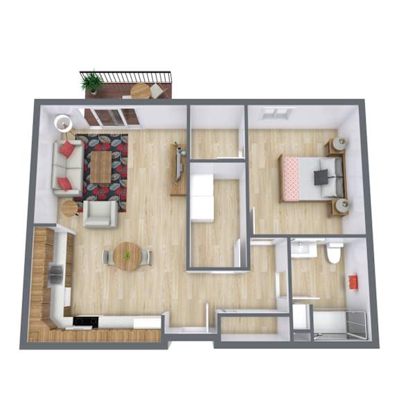 A top-down view of a modern apartment layout with a kitchen, living room, and bedroom.
