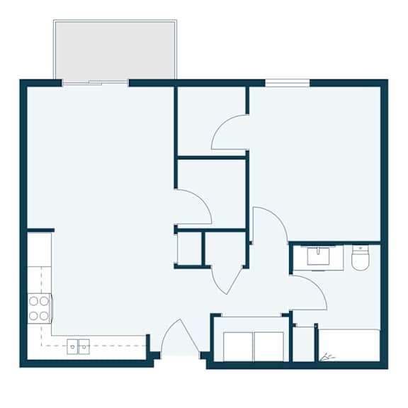 A floor plan of a house with a kitchen, living room, and two bedrooms.