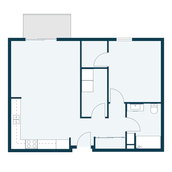 A floor plan of a house with a kitchen, living room, and two bedrooms.