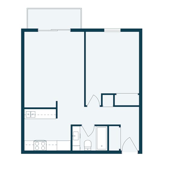 A floor plan of a house with a kitchen, living room, and two bedrooms.