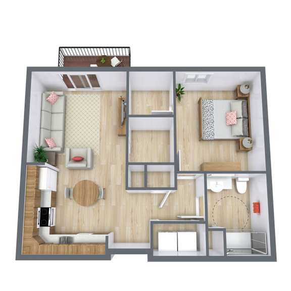 A top-down view of a small apartment with a living room, kitchen, and bedroom.