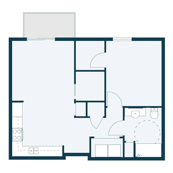 A floor plan of a house with a kitchen, living room, and two bedrooms.
