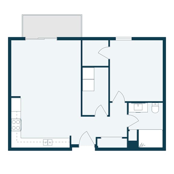 A floor plan of a house with a kitchen, living room, and two bedrooms.