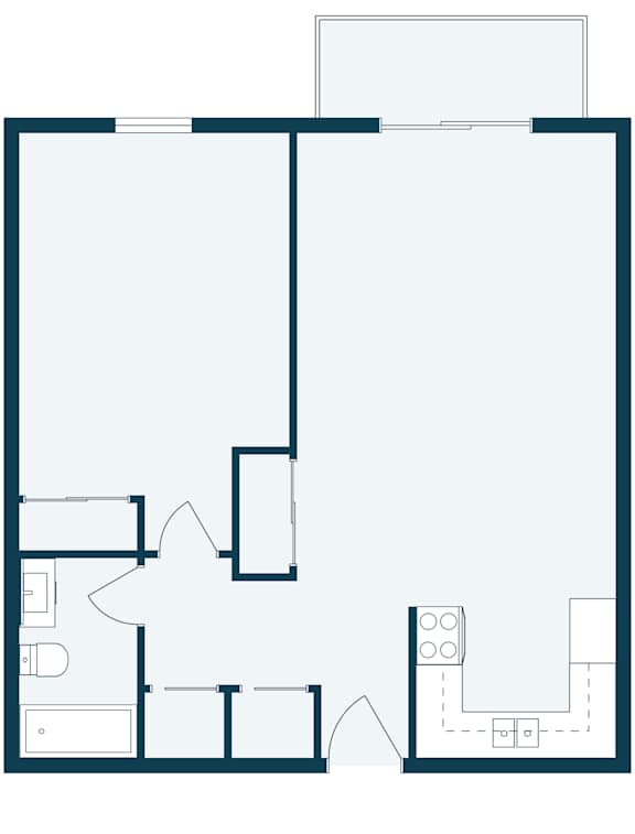 A floor plan of a house with a kitchen, living room, and two bedrooms.
