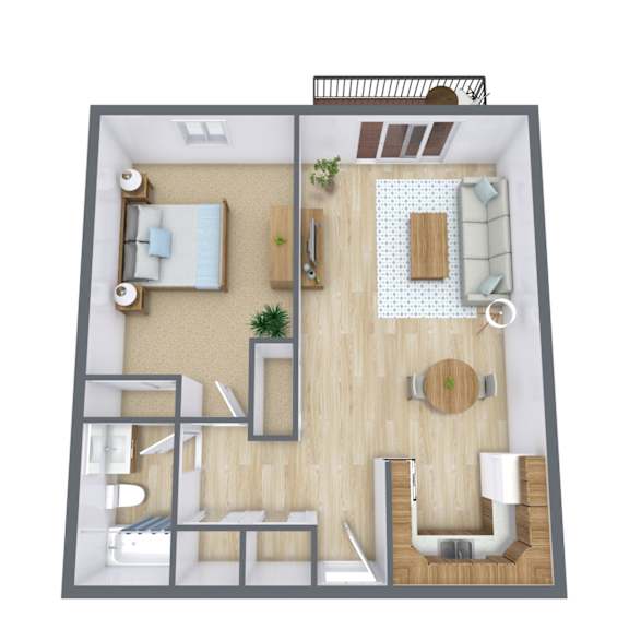 A top-down view of a small apartment with a living room, kitchen, and bathroom.