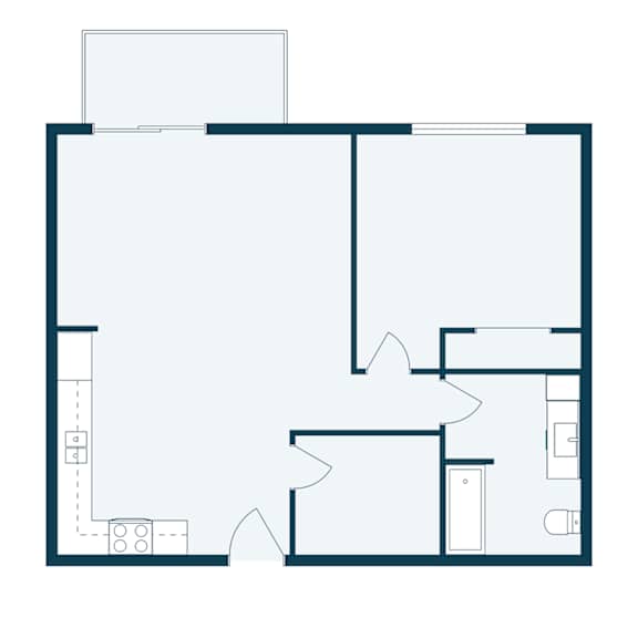 A floor plan of a house with a kitchen, living room, and two bedrooms.